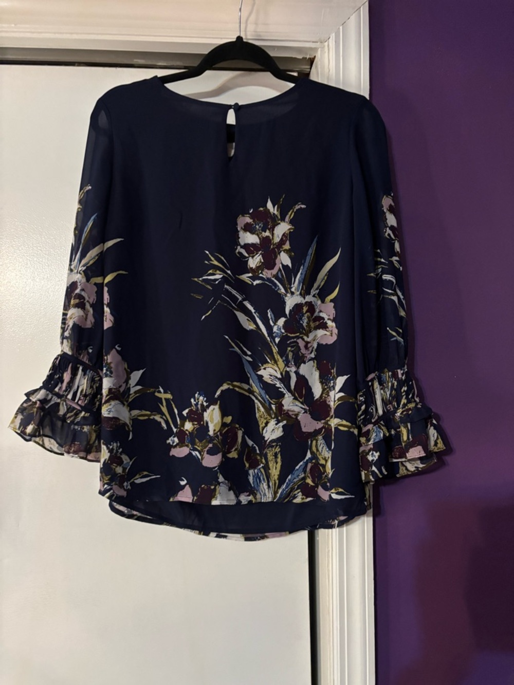 Chico's Navy Floral Birds of Paradise Ruffle-Sleeve Blouse